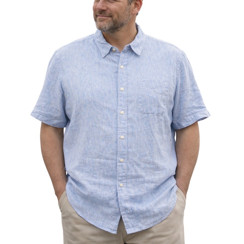 LL‎ Bean Mens XL Regular Short Sleeve 100% Linen Button Down Shirt Blue